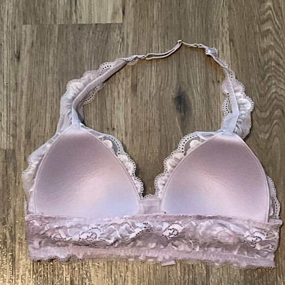 Savage X Fenty Halter Floral Lace Wireless‎ Lined Bralette Size Medium Purple - Picture 2 of 3